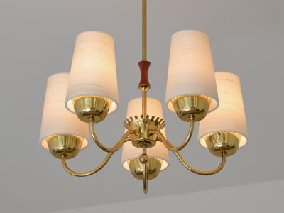  Asea ASEA Belysning Five Arm Brass Chandelier with Silk Shades Sweden 1950s