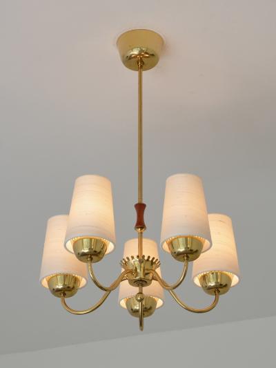  Asea ASEA Belysning Five Arm Brass Chandelier with Silk Shades Sweden 1950s