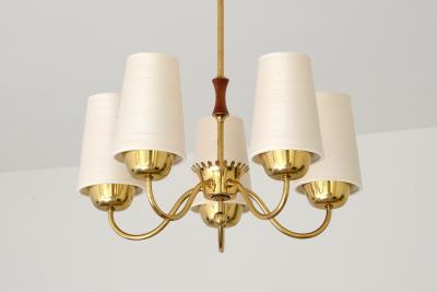  Asea ASEA Belysning Five Arm Brass Chandelier with Silk Shades Sweden 1950s