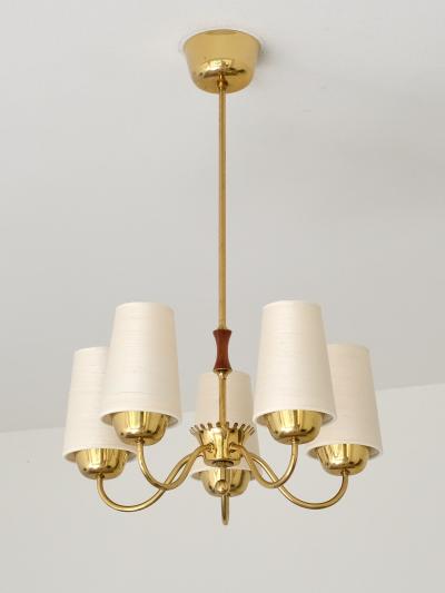  Asea ASEA Belysning Five Arm Brass Chandelier with Silk Shades Sweden 1950s