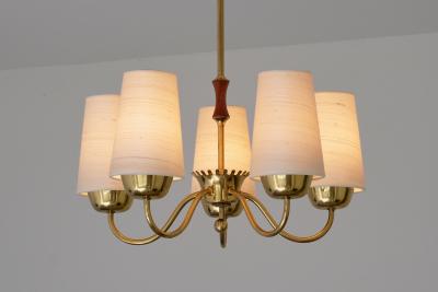  Asea ASEA Belysning Five Arm Brass Chandelier with Silk Shades Sweden 1950s