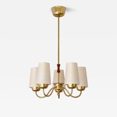  Asea ASEA Belysning Five Arm Brass Chandelier with Silk Shades Sweden 1950s