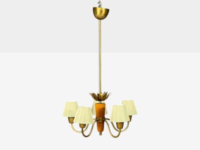 Asea ASEA Swedish Modern Chandelier Brass Elm Fabric Sweden 1947