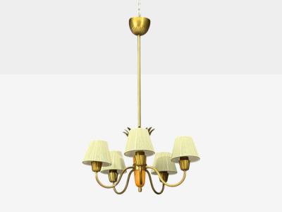  Asea ASEA Swedish Modern Chandelier Brass Elm Fabric Sweden 1947