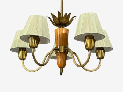  Asea ASEA Swedish Modern Chandelier Brass Elm Fabric Sweden 1947