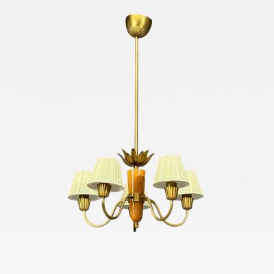  Asea ASEA Swedish Modern Chandelier Brass Elm Fabric Sweden 1947