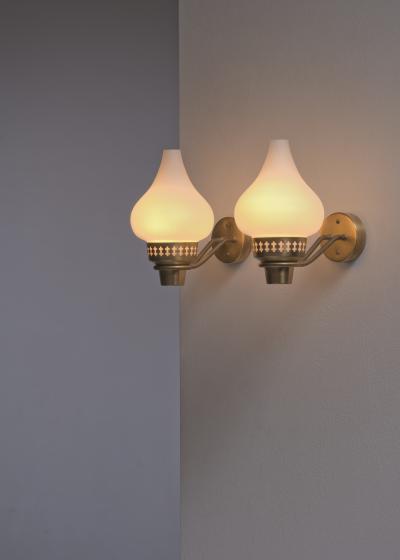  Asea ASEA pair of brass and opaline glass wall lamps