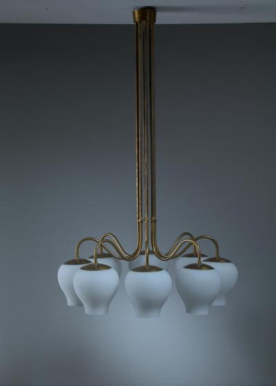  Asea Large ASEA Chandelier in Brass with 8 Frosted Glass Shades Sweden 1940s