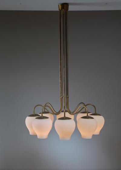  Asea Large ASEA Chandelier in Brass with 8 Frosted Glass Shades Sweden 1940s