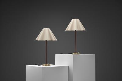  Asea Pair of Model E1247 Brass and Leather Table Lamps for ASEA Sweden Mid 20th C