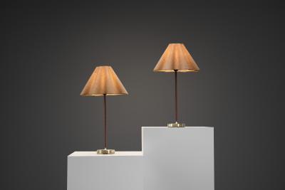  Asea Pair of Model E1247 Brass and Leather Table Lamps for ASEA Sweden Mid 20th C
