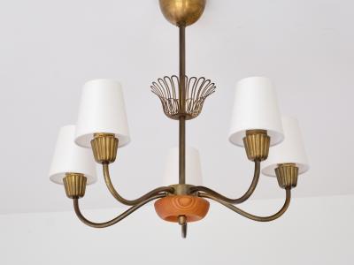  Asea Swedish Modern ASEA Five Arm Chandelier in Brass Oak and Silk Sweden 1950s