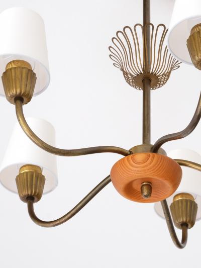  Asea Swedish Modern ASEA Five Arm Chandelier in Brass Oak and Silk Sweden 1950s