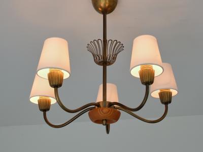  Asea Swedish Modern ASEA Five Arm Chandelier in Brass Oak and Silk Sweden 1950s