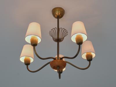  Asea Swedish Modern ASEA Five Arm Chandelier in Brass Oak and Silk Sweden 1950s