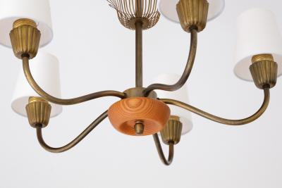  Asea Swedish Modern ASEA Five Arm Chandelier in Brass Oak and Silk Sweden 1950s