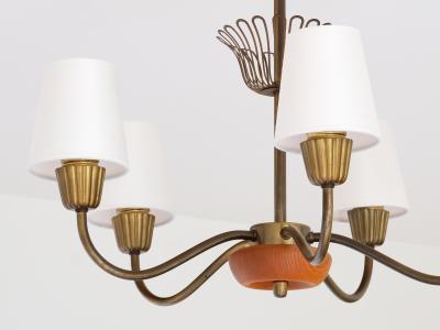  Asea Swedish Modern ASEA Five Arm Chandelier in Brass Oak and Silk Sweden 1950s