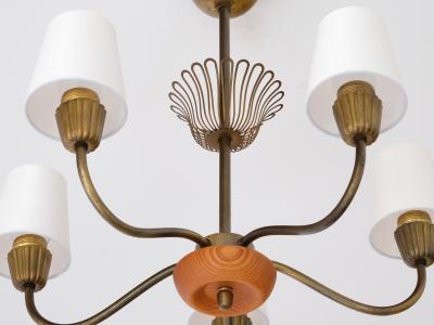  Asea Swedish Modern ASEA Five Arm Chandelier in Brass Oak and Silk Sweden 1950s