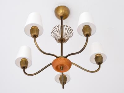  Asea Swedish Modern ASEA Five Arm Chandelier in Brass Oak and Silk Sweden 1950s