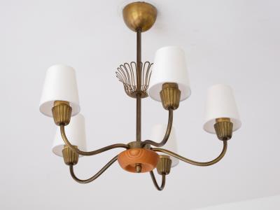  Asea Swedish Modern ASEA Five Arm Chandelier in Brass Oak and Silk Sweden 1950s