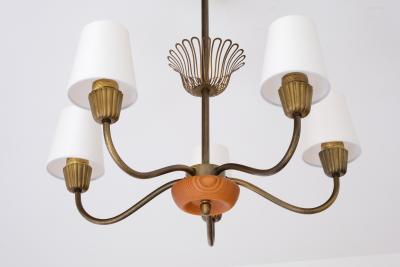  Asea Swedish Modern ASEA Five Arm Chandelier in Brass Oak and Silk Sweden 1950s