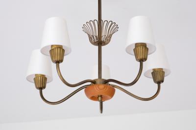  Asea Swedish Modern ASEA Five Arm Chandelier in Brass Oak and Silk Sweden 1950s