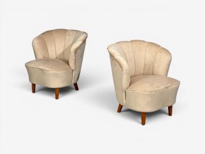  Asko Asko Finnish Modern Lounge Chairs Beige Velvet Beech Finland 1950s
