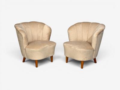  Asko Asko Finnish Modern Lounge Chairs Beige Velvet Beech Finland 1950s