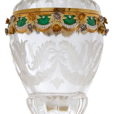  Asprey An Asprey Gold Diamond and Green Enamel Mounted Rock Crystal Cup and Cover