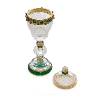  Asprey An Asprey Gold Diamond and Green Enamel Mounted Rock Crystal Cup and Cover