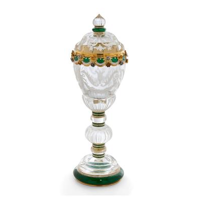 Asprey An Asprey Gold Diamond and Green Enamel Mounted Rock Crystal Cup and Cover