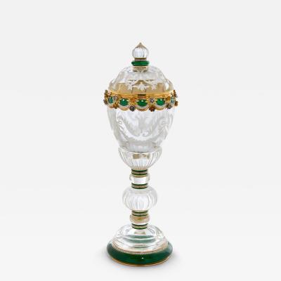  Asprey An Asprey Gold Diamond and Green Enamel Mounted Rock Crystal Cup and Cover
