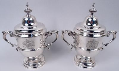  Asprey Pair of Asprey Traditional Neoclassical Urns with British Royal Arms