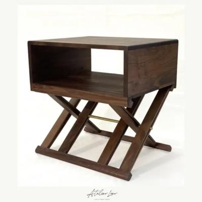  Atelier Luer Atelier Luer Open Shelf Solid Walnut Night End Table with X Frame Base Brass
