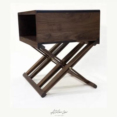  Atelier Luer Atelier Luer Open Shelf Solid Walnut Night End Table with X Frame Base Brass