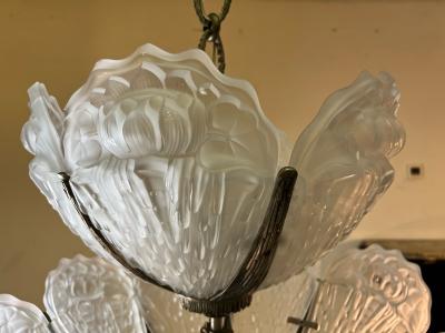  Atelier Petitot Ezan Glass EXTRAORDINARY NICKELED BRONZE FRENCH ART DECO CHANDELIER