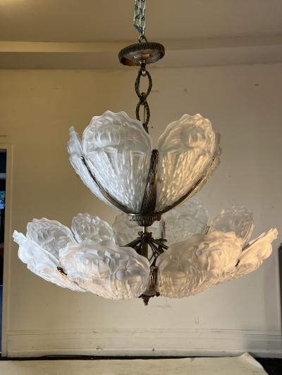  Atelier Petitot Ezan Glass EXTRAORDINARY NICKELED BRONZE FRENCH ART DECO CHANDELIER