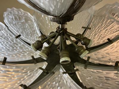  Atelier Petitot Ezan Glass EXTRAORDINARY NICKELED BRONZE FRENCH ART DECO CHANDELIER