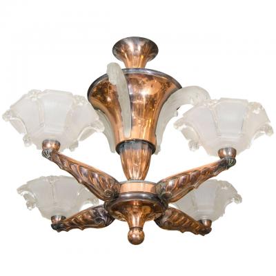  Atelier Petitot Ezan Glass FRENCH ART DECO COPPER WATER FOUNTAIN FORM GLASS FOUR ARM CHANDELIER
