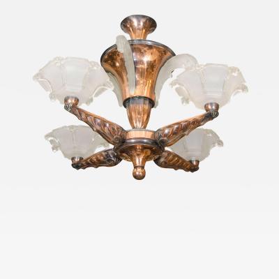  Atelier Petitot Ezan Glass FRENCH ART DECO COPPER WATER FOUNTAIN FORM GLASS FOUR ARM CHANDELIER