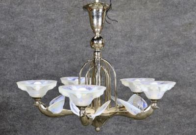  Atelier Petitot Ezan Glass FRENCH ART DECO GLASS NICKELED BRONZE BIRD CHANDELIER BY ATELIER PETITOT