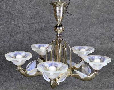  Atelier Petitot Ezan Glass FRENCH ART DECO GLASS NICKELED BRONZE BIRD CHANDELIER BY ATELIER PETITOT