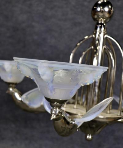  Atelier Petitot Ezan Glass FRENCH ART DECO GLASS NICKELED BRONZE BIRD CHANDELIER BY ATELIER PETITOT