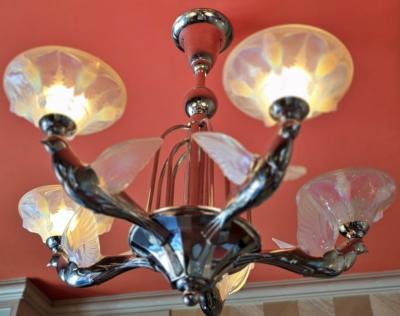  Atelier Petitot Ezan Glass FRENCH ART DECO GLASS NICKELED BRONZE BIRD CHANDELIER BY ATELIER PETITOT
