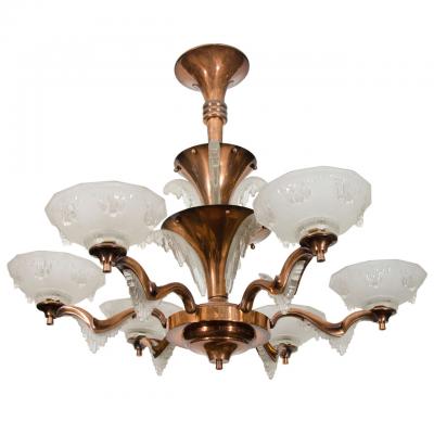  Atelier Petitot Ezan Glass MAGNIFICIENT FRENCH ART DECO COPPER ICICLE FORM CAST GLASS SIX ARM CHANDELIER