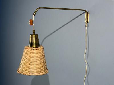  Atelje Lyktan Atelj Lyktan Articulating Wall Light Brass Cane Teak Sweden 1970s