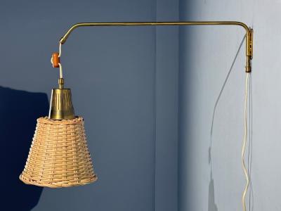  Atelje Lyktan Atelj Lyktan Articulating Wall Light Brass Cane Teak Sweden 1970s