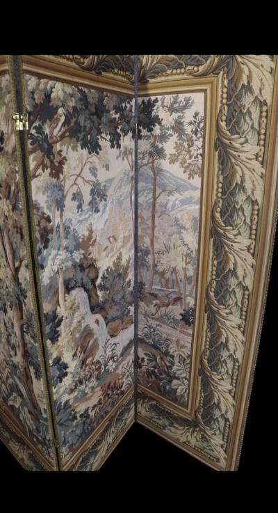 Aubusson FRENCH AUBUSSON STYLE FOUR PANEL ROOM SCREEN OF LUSH LANDSCAPE BIRDS COLUMNS