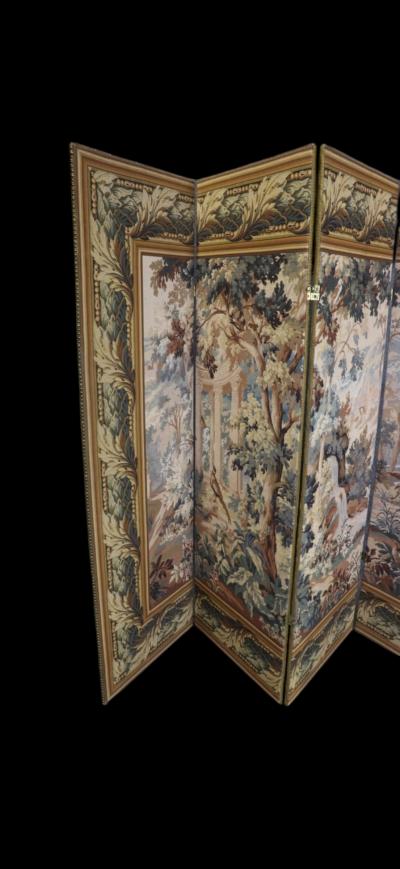  Aubusson FRENCH AUBUSSON STYLE FOUR PANEL ROOM SCREEN OF LUSH LANDSCAPE BIRDS COLUMNS