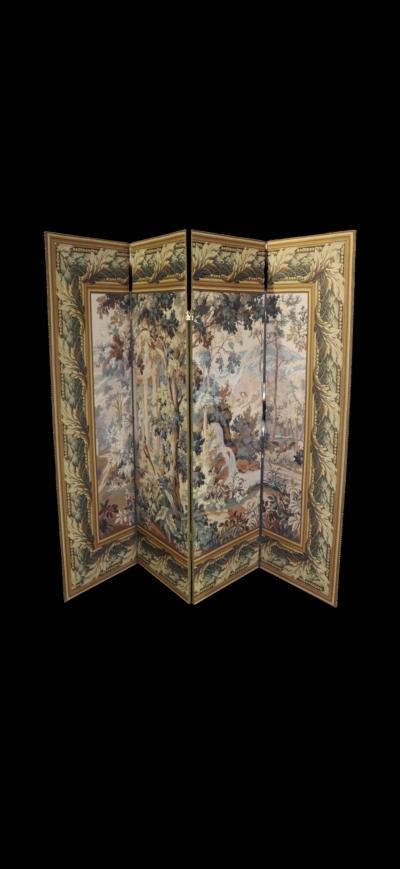  Aubusson FRENCH AUBUSSON STYLE FOUR PANEL ROOM SCREEN OF LUSH LANDSCAPE BIRDS COLUMNS